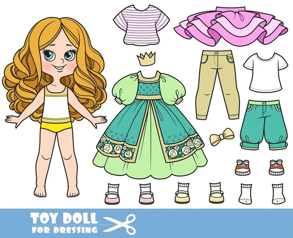 大きなカールと服を別々に持っている漫画少女 プリンセスドレス クローン シャツ ブーツ ジーンズ スニーカー人形ドレス — ストックベクタ
