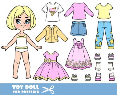 Cartoon blond girl with short bob and clothes separately -   dresses, shirts, long sleeve, skirt, sandals, jeans and sneakers clipart