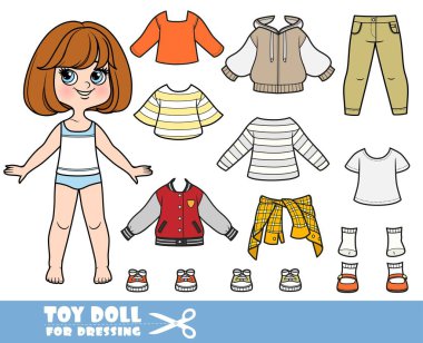 Cartoon brunette girl  with short bob and clothes separately  in autumn colors -  long sleeve, shirts, sandals, jacket,  jeans and sneakers  clipart