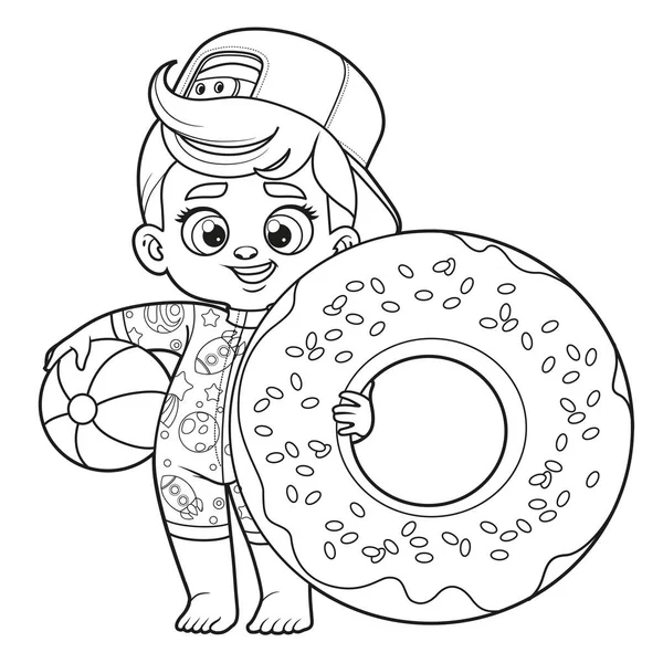 Netter Cartoon Junge Einem Badeanzug Mit Donut Aufblasbarem Ring Zum — Stockvektor