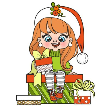 Noel Baba şapkalı, uzun saçlı, şirin bir kız. Beyaz arka planda renk sayfası için hediye renk varyasyonlu büyük bir kutunun üzerinde.
