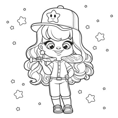 Beyzbol üniformalı şirin bir çizgi film kızı ve elinde beyaz arka planda boyama sayfası için çizilmiş bir sopayla.