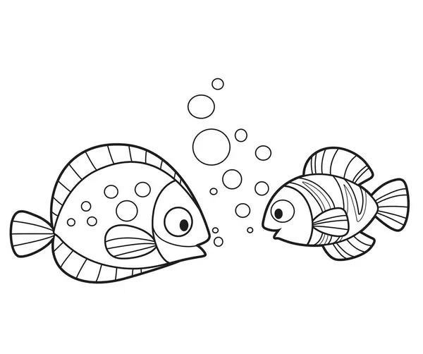 Two Cute Cartoon Sea Fishes Outlined Coloring Page Isolated White — Stock Vector