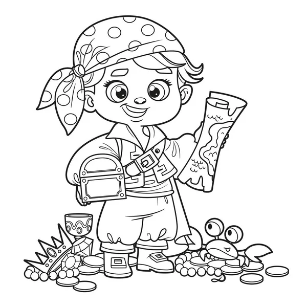 可爱的卡通片海盗男孩 配有藏宝图和盒子 可在白色背景上为页面配色 — 图库矢量图片