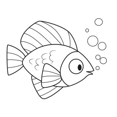 Beyaz arka planda izole edilmiş renkli sayfa için ana hatları çizilmiş şirin karton deniz balığı.