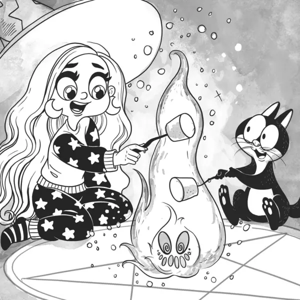 Tatlı Çizgi Film Cadısı Kedisi Çağırılmış Bir Elementin Ateşinde Marşmelov — Stok fotoğraf