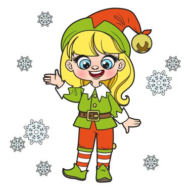 Beyaz arka planda renkli sayfa için Santa Elf takım elbiseli şirin bir karikatür kız.