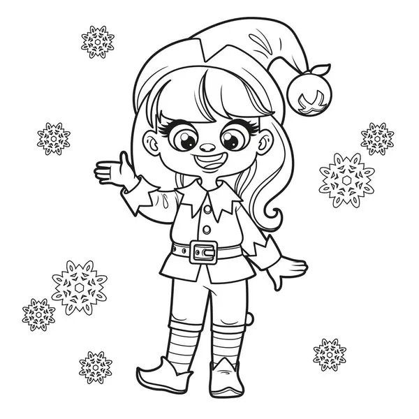 Cute Cartoon Girl Santa Elf Suit Outlined Coloring Page White — Stock Vector