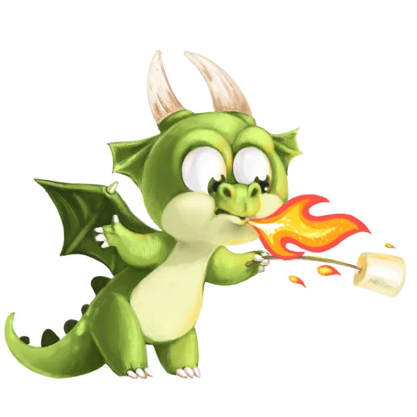 Lindo Dibujo Animado Verde Dragón Asados Malvaviscos Fuego Sobre Fondo —  Fotos de Stock