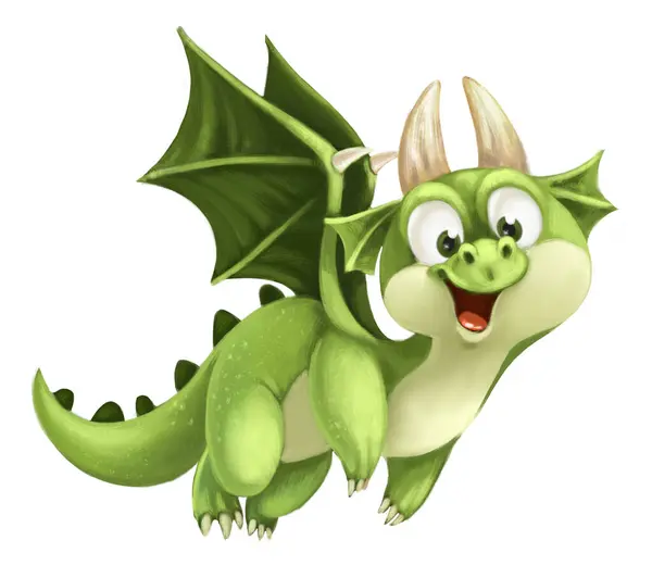 Милый Зеленый Дракон Летит Вперед Белом Фоне — стоковое фото