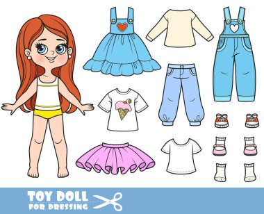 Cartoon brunette longhaired girl  and clothes separately -  skirt, tutu, t-shirts, denim overalls, jeans and sneakers doll for dressing clipart