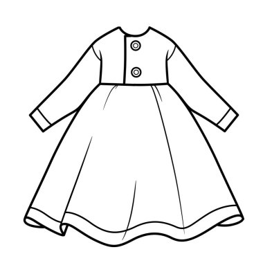 Uzun kollu yarı sezonluk günlük elbise ve boyama sayfası için tam etek çizgisi.