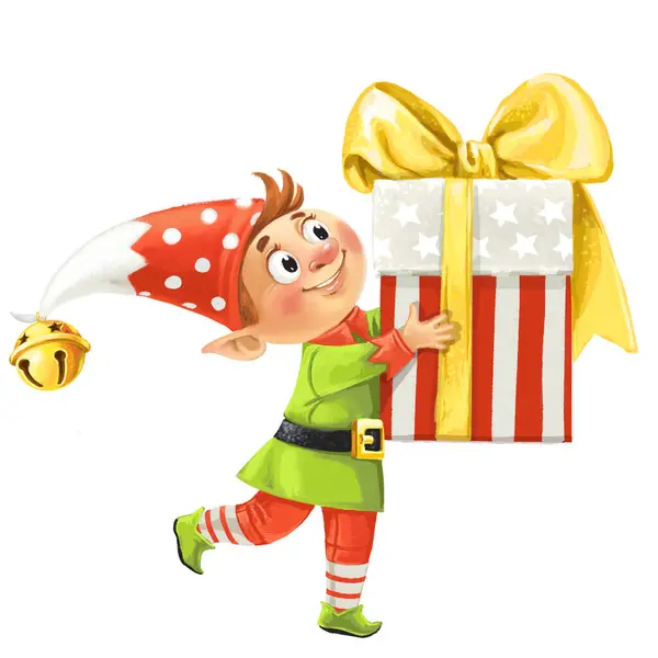 Santas Ajudante Bonito Desenho Animado Elf Com Presente Mãos — Fotografia de Stock