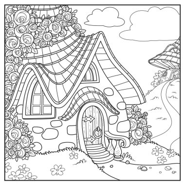 Beyaz bir arka planda izole edilmiş güllerle sarmalanmış yaz masalı evi