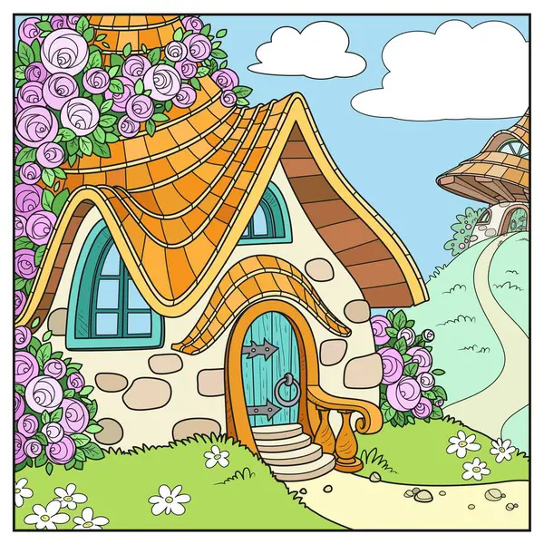 夏日童话般的家与玫瑰色彩的变化交织在一起 — 图库矢量图片