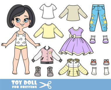 Cartoon brunette girl with bob haircut and clothes separately -  elegant dress, long sleeve, shirt, jacket,  jeans and sneakers clipart