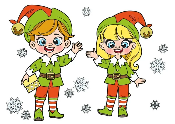 Cute Cartoon Boy Girl Santa Elves Suit Surrounded Snowflakes Color — Stock Vector