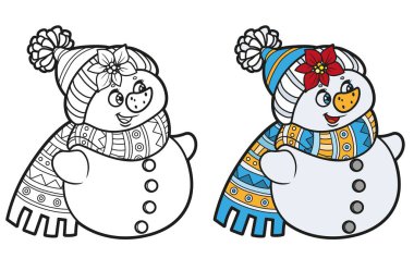 Sıcak şapka ve eşarp renginde şirin bir kardan adam çizgi filmi ve boyama sayfası için özet.