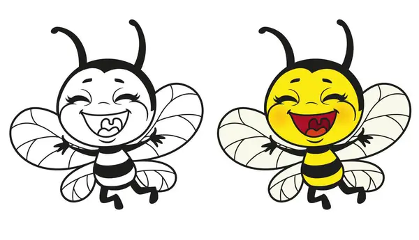 Cartoon Cute Bee Flies Color Outline Coloring Page White Background - Stok Vektor