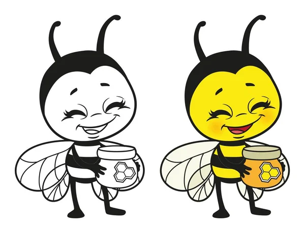 Мультяшна Мила Бджола Тримає Невелику Банку Меду Викладену Кольорову Варіацію — стоковий вектор