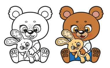 Üzerinde oyuncak tavşan rengi varyasyonu ve boyama sayfası olan pijamalı sevimli bir oyuncak ayı.