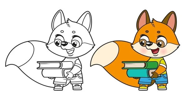 Cute Cartoon Fox Hold Book Stack Color Outlined Coloring Page — Stock Vector