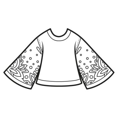 Beyaz arkaplanı boyamak için geniş kollu süslemeleri olan zarif bir bluz.