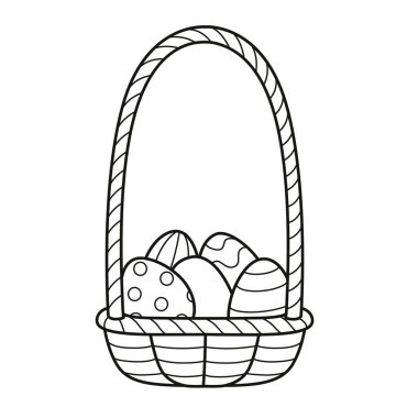 Beyaz arka planda boyanmış Paskalya yumurtalarıyla dolu bir sepet.