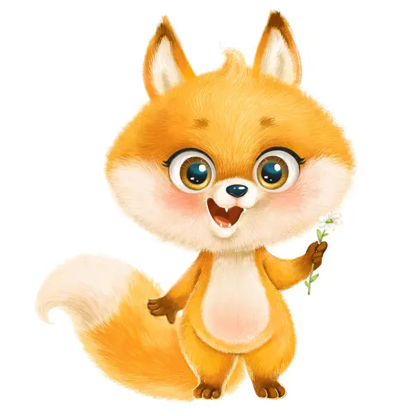 白い背景に隔離された小さな花カモミールのかわいい漫画のふわふわの赤い狐 — ストック写真
