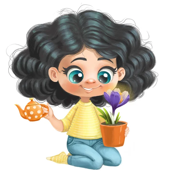 Cute Cartoon Girl Spring Crocus Flower Pot Watering Can Sits — Stock Photo, Image