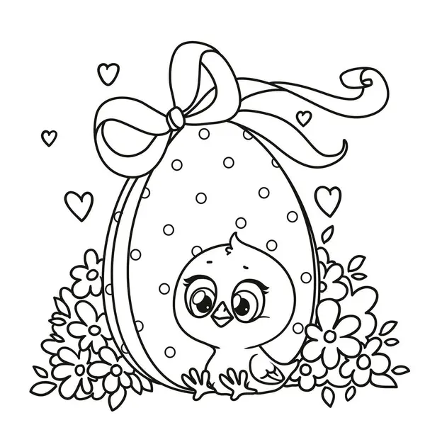 Cute Kurczaka Kreskówki Jajkiem Wielkanocnym Otoczony Kwiaty Zarysowane Białym Tle — Wektor stockowy