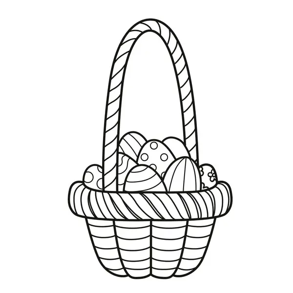 Košík Velkou Rukojetí Malovanými Velikonočními Vejci Obrys Pro Zbarvení Bílém — Stockový vektor