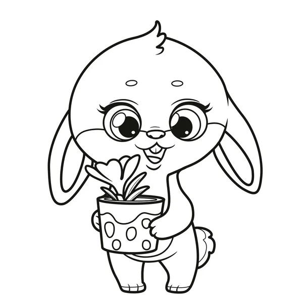 Mignon Lapin Tient Dans Les Pattes Pot Avec Fleur Crocus — Image vectorielle