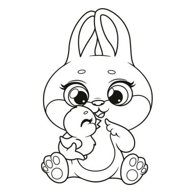 Beyaz arka planda izole edilmiş boyama sayfası için özetlenmiş Paskalya tavuğuyla sevimli çizgi film tavşanı oyunu. Resim herhangi bir aşamada herhangi bir yapay zeka yazılımı kullanılmadan üretildi