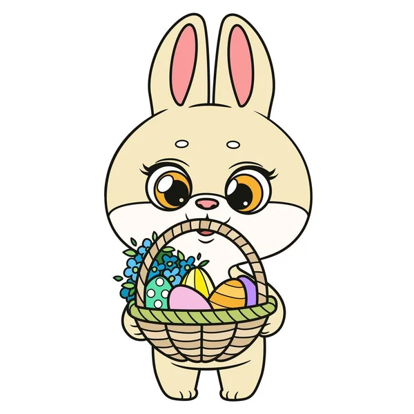 Милый Мультяшный Кролик Корзиной Пасхальными Украшенными Яйцами Вариация Цвета Белом — стоковый вектор