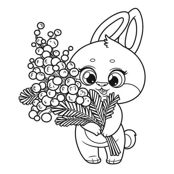 Bonito Coelho Dos Desenhos Animados Segurando Grande Buquê Flores Mimosa —  Vetores de Stock