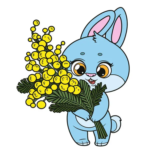Cute Cartoon Bunny Holding Large Bouquet Mimosa Flowers Paws Color — Stock Vector