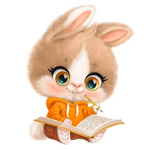Carino Cartone Animato Coniglietto Beige Una Giacca Carota Arancione Siede — Foto Stock