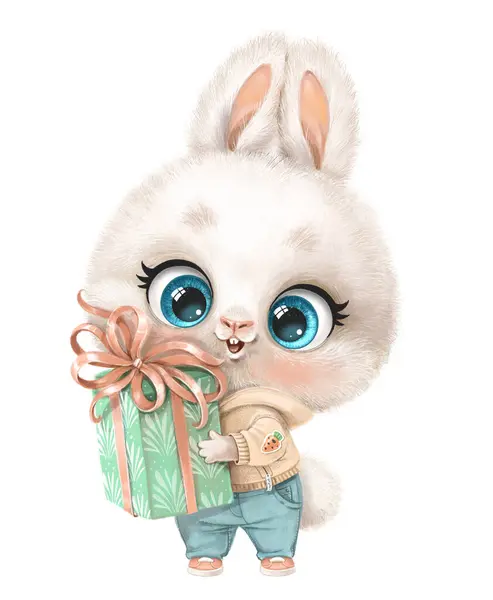 Симпатичный Мультяшный Белый Кролик Куртке Джинсах Подарочной Коробкой Лапах — стоковое фото