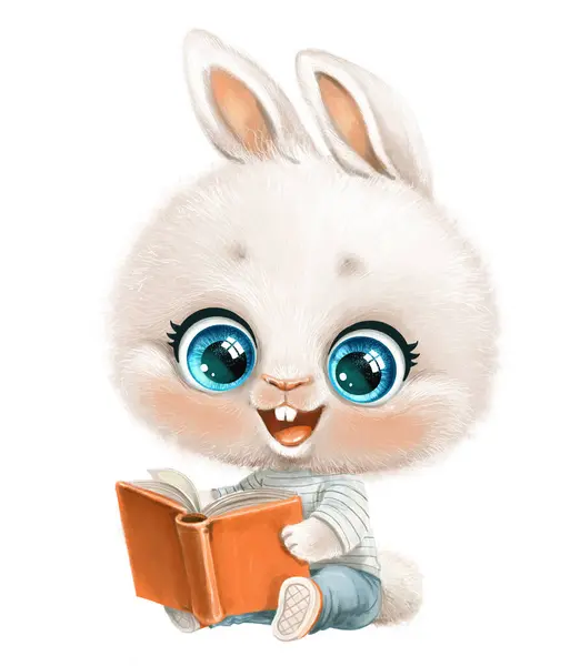 Cute Cartoon White Bunny Read Book Sit White Background — Stock Photo, Image