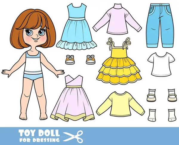 Cartoon Brunette Girl Short Bob Clothes Separately Long Sleeve Dress — Stock Vector
