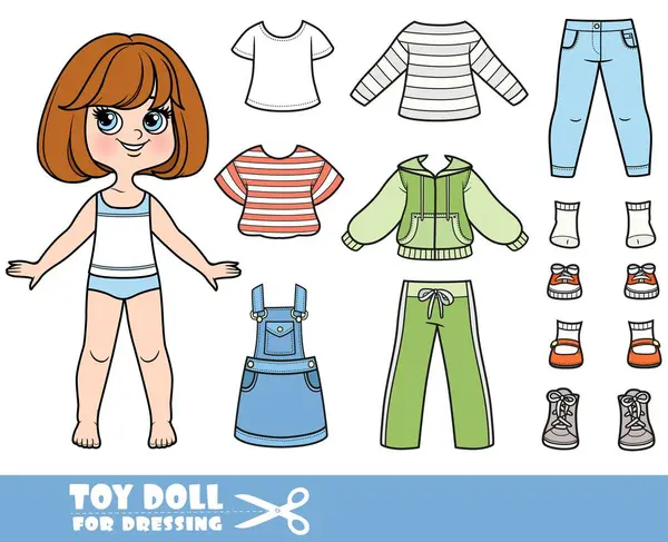 Cartoon Brunette Girl Short Bob Clothes Separately Long Sleeve Striped — Stock Vector