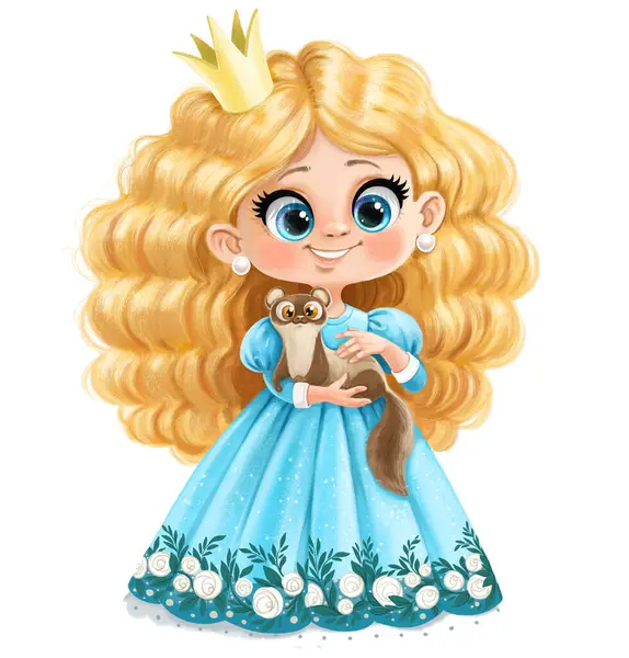 Cute Kreskówki Mała Księżniczka Sukience Piłkę Fretką Rękach — Zdjęcie stockowe