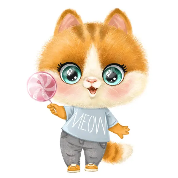 Cute Cartoon Orange Fluffy Kitten Lollipop Paw Isolated White Background — Stock Photo, Image
