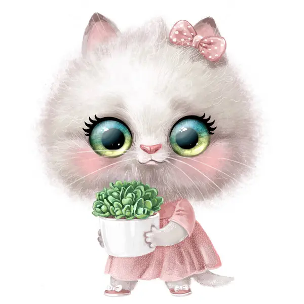 Cute Cartoon White Kitten Pink Dress Green Succulent Pot — Stock Photo, Image