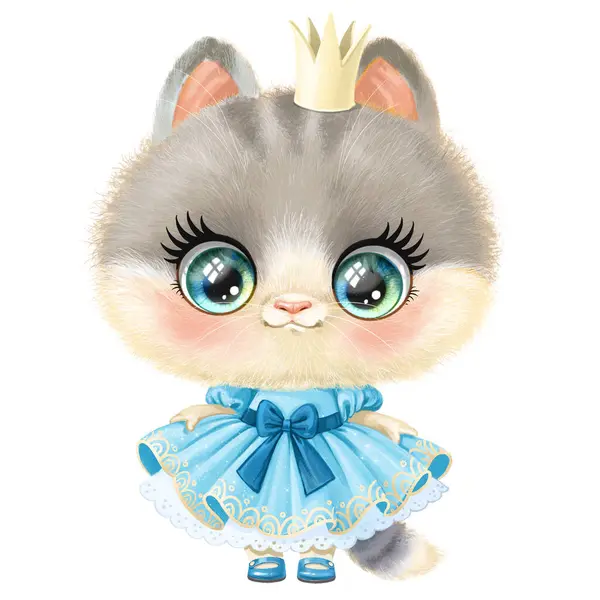 Cute Cartoon Grey Kitten Princess Lush Blue Ball Dress — Stock Photo, Image