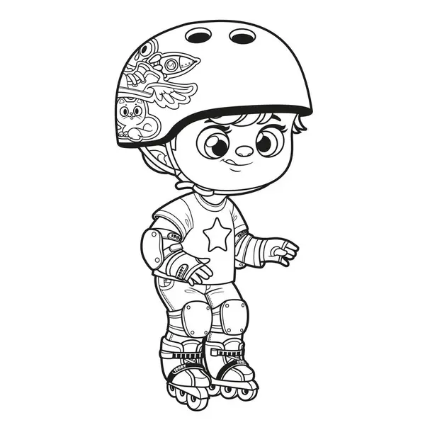Cute Cartoon Boy Helmet Wearing Protective Gear Roller Skates Outlined — 스톡 벡터