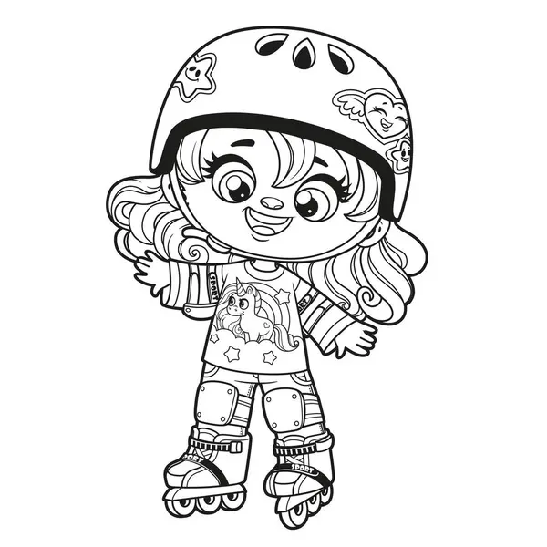 Cute Cartoon Girl Helmet Wearing Protective Gear Roller Skates Outlined — 스톡 벡터