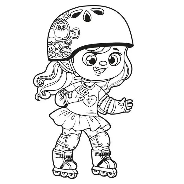 Cute Cartoon Girl Kasku Noszenie Sprzętu Ochronnego Rolkach Przodu Zarysowane — Wektor stockowy
