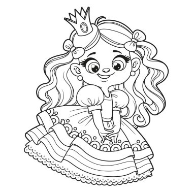 Beyaz arka planda boyama sayfası için özetlenmiş prenses elbiseli, uzun saçlı, tatlı kız.